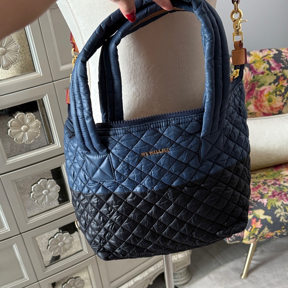 MZ Wallace Blue and Black Quilted Tote medium Sutton